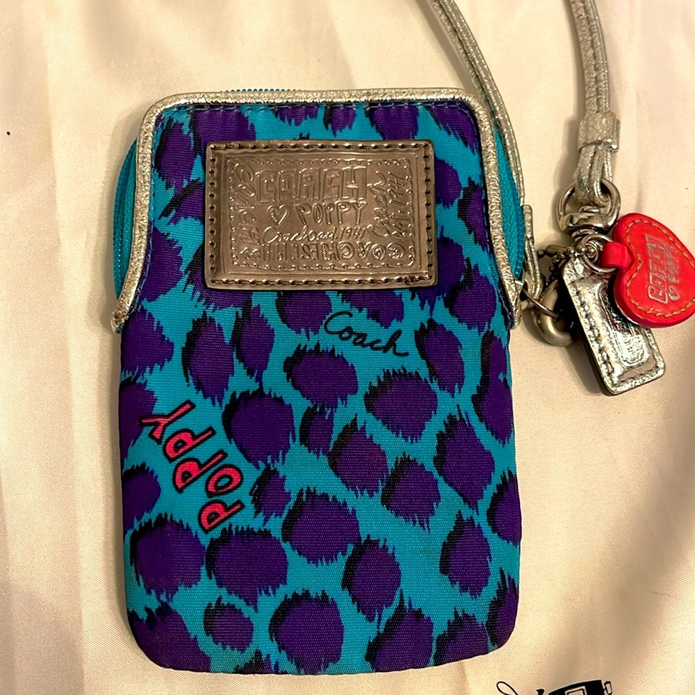 Coach Poppy Blue and Purple Leopard Print Wristlet